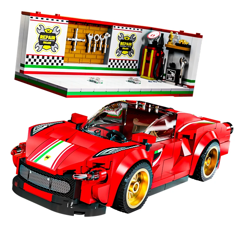 

530PCS Sports Car Building Block Champion Racing Vehicle Model with House Assembly Brick Desktop Decoration DIY Toy Gift For Kid