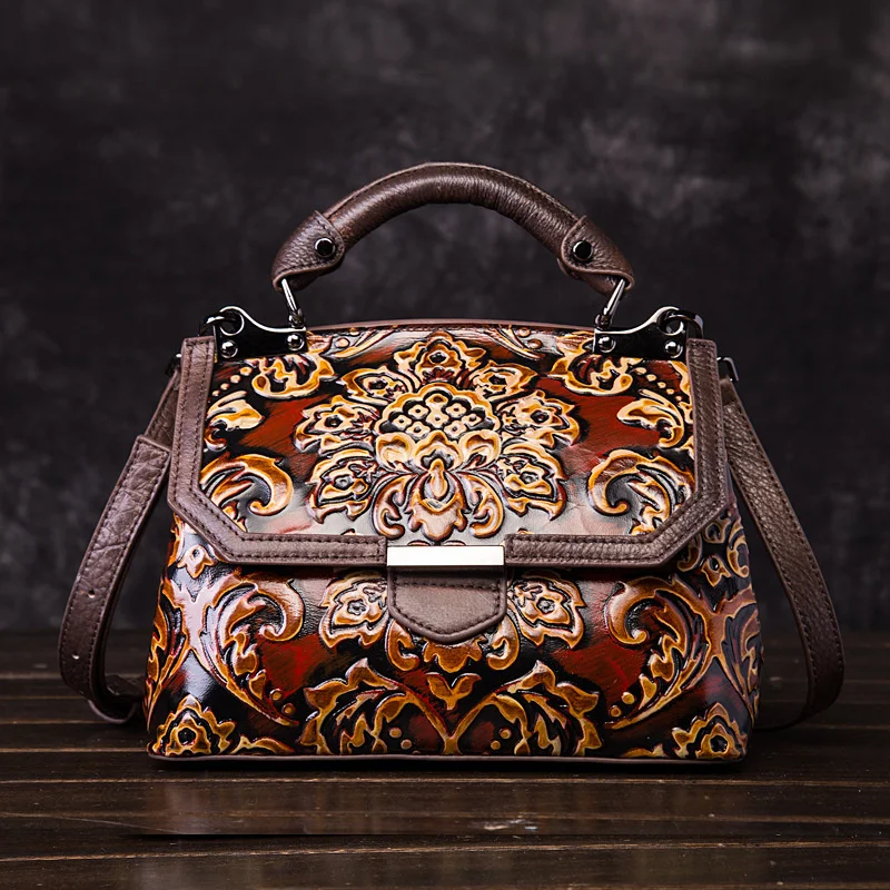 High Quality Women Handbag Genuine Leather Cross Body Bag Embossed Vintage Real Cowhide Female Messenger Shoulder Tote