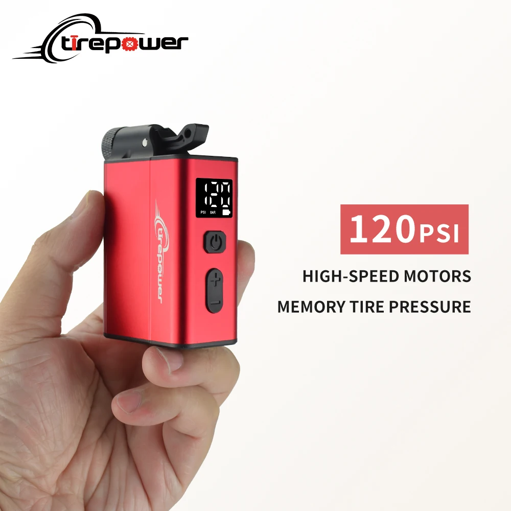 Elektrische Fahrradpumpe mit schnellem USB-C-Ladeanschluss, 120 PSI, tragbarer Mini-Reifenfüller mit zwei 480mAh Akkus und Display – Detail 1