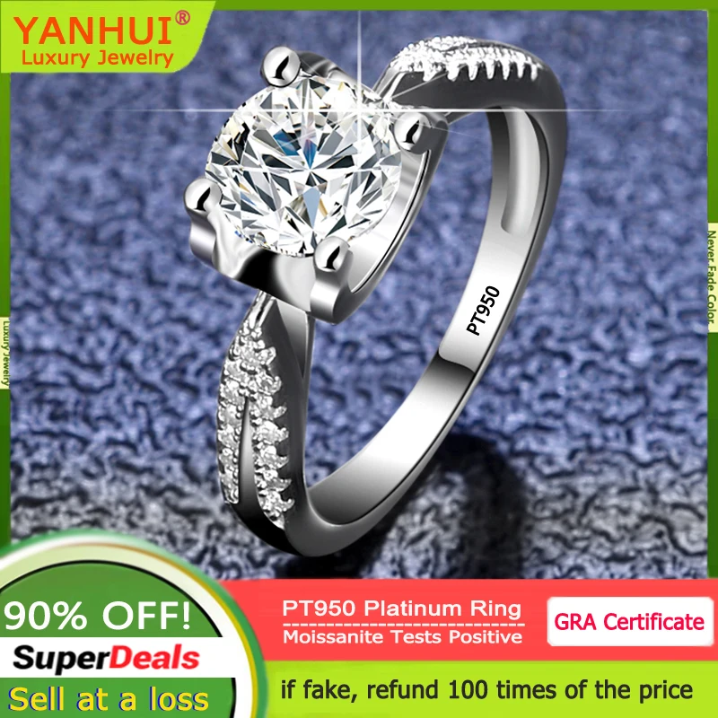 YANHUI Luxury PT950 Platinum Rings Women Wedding Band Fine Jewelry Round VVS 1 Carat Moissanite Diamond Rings Bride Accessories