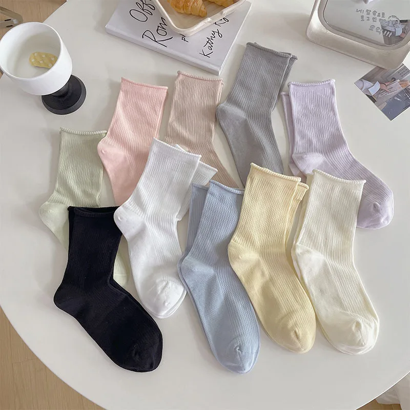 Solid Color Women Socks Cotton Thin Breathable Elastic Long Socks Japanese Style School Girls Black White Gray Middle Tube Socks