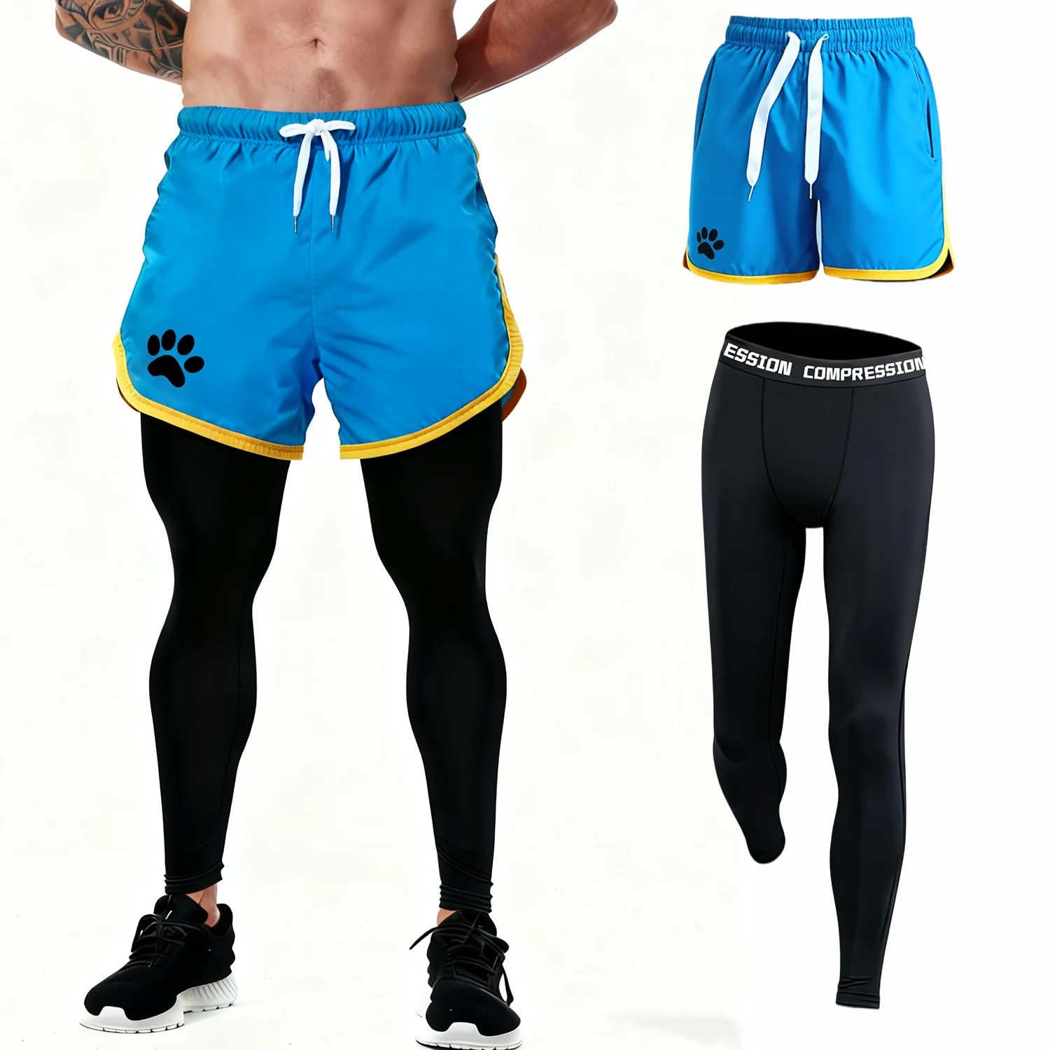 شورت جري للرجال مكون من قطعتين مع سراويل ضيقة مضغوطة للتمرين في صالة الألعاب الرياضية وتدريبات اللياقة البدنية وكرة السلة