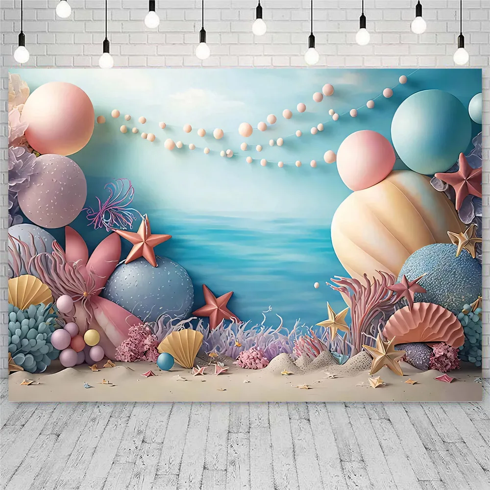 Fond de photographie sous la mer, décor de portrait de fille, toile de fond de studio photo, lieu de fête d'anniversaire, sirène et coquillage, perle