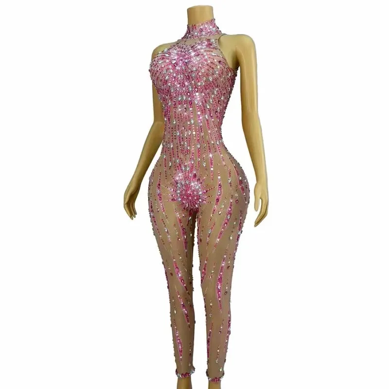 

Sparkly Pink Rhinestones Sleeveless Tight Mesh Jumpsuit Sexy Transparent Birthday Party Outfit Singer Performance Stage Costume