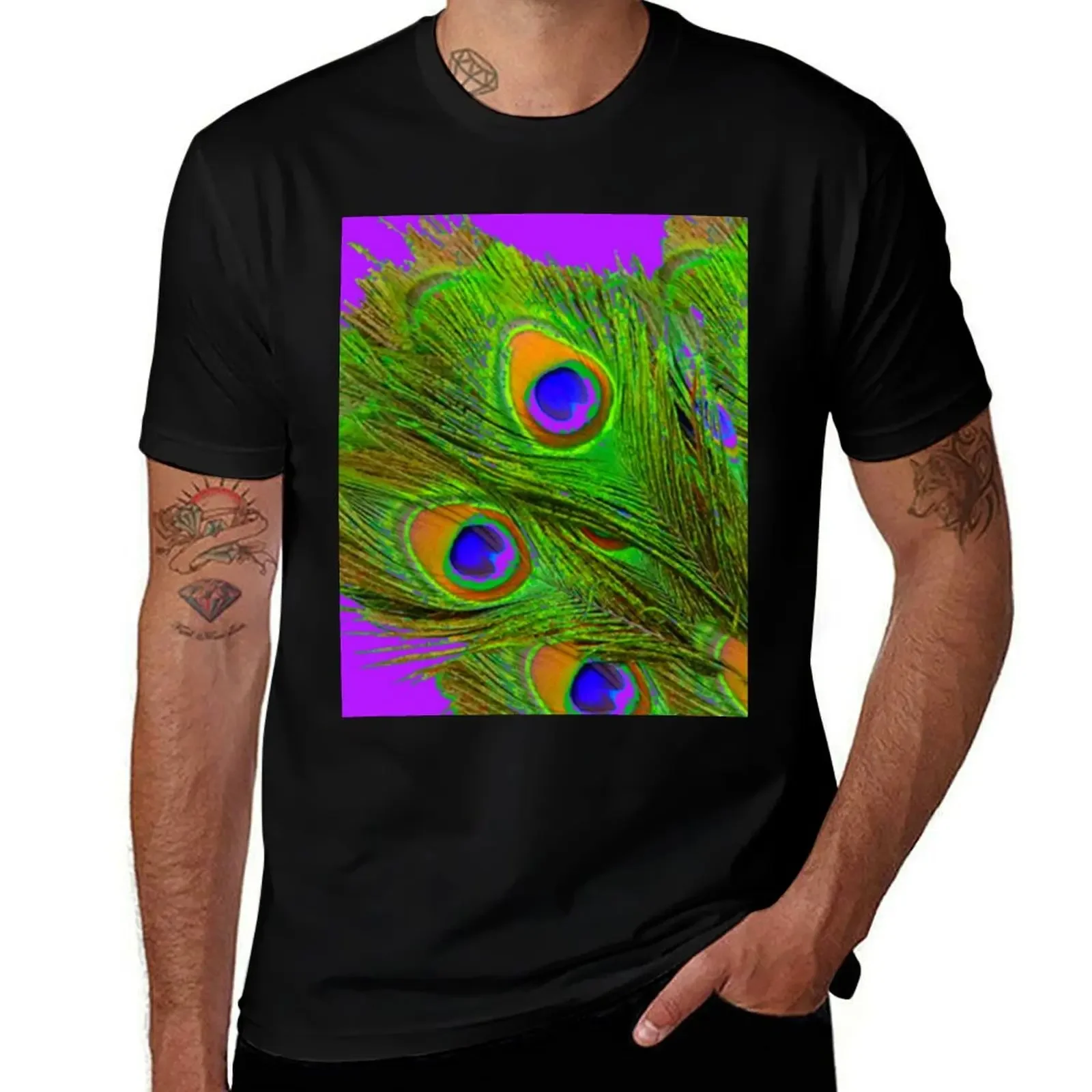 DECORATIVE GREEN PEACOCK FEATHERS VIOLET ART T-Shirt oversize t-shirts man valentines clothes mens graphic t-shirts