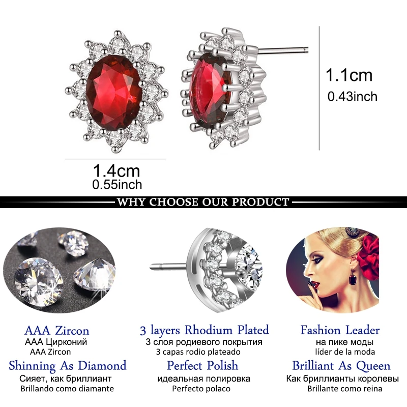 LXOEN Fashion Blue Oval Zircon Stud Earrings for Women Present Gift Red Crystal Bijoux for Girl Earings Oorbellen Small Earrings