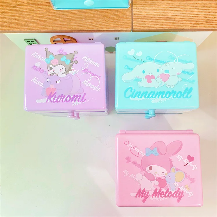 Kawaii Sanrio Kuromi My Melody Cinnamoroll Storage Box Drawer Desktop Double Layer Clamshell Jewelry Tidy Durable Sorting Box