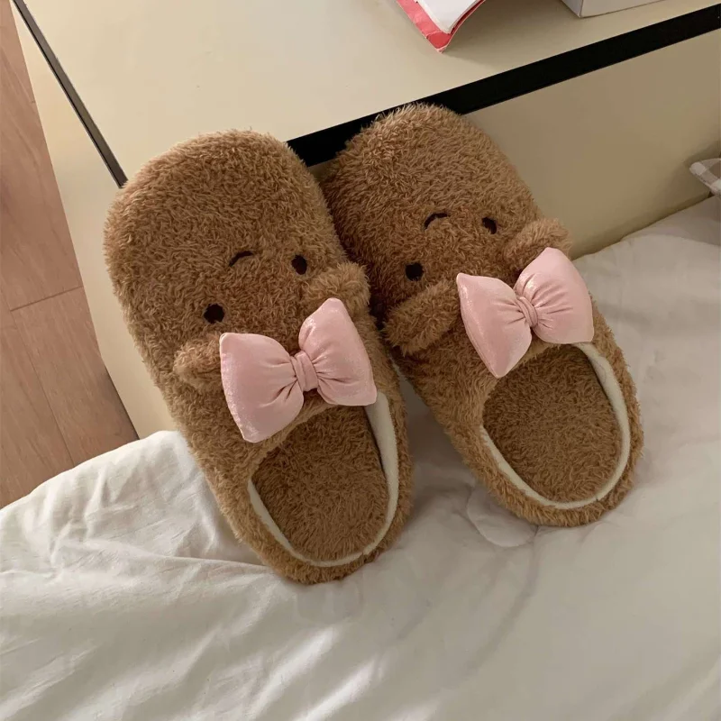 

Winter Warm and Comfortable Women's Cotton Slippers with Bow Bear, Silent Home Slippers, Anti Slip and Cute Plush Shoes