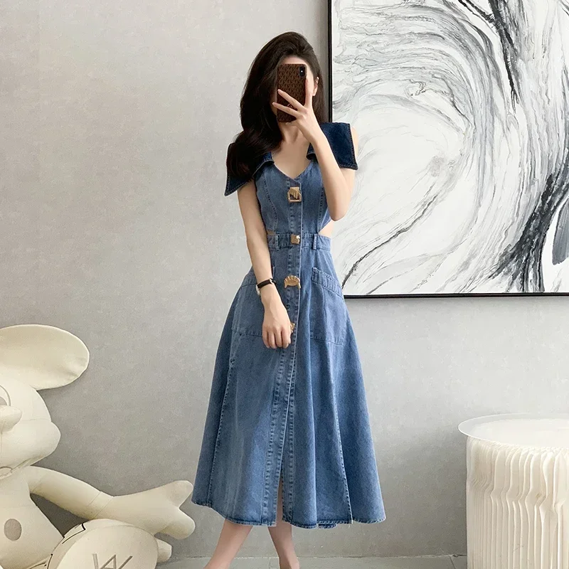 Single Breasted Denim Female Dress Elegance Sexy Clothing Long Sleeves Slim Midi Dress With Belt Free Shipping Vestidos 2024