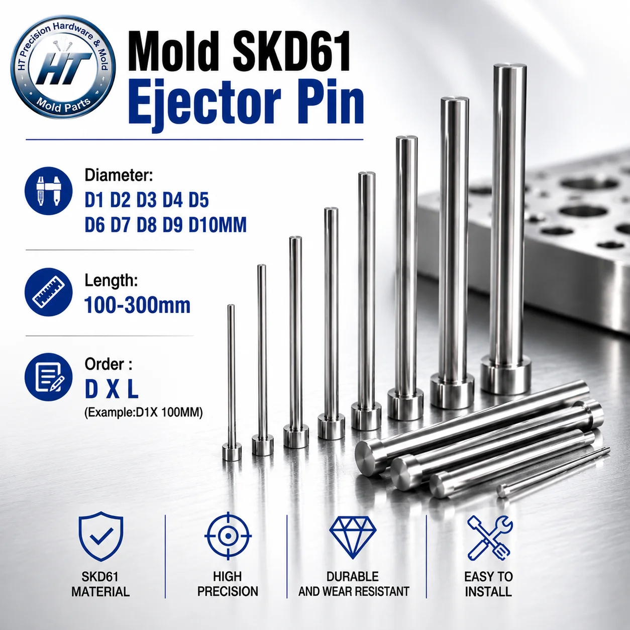 10PCS SKD61 Plastic Mold Accessories Ejector Pin D1-D10mm Straight Push Rod L100-L300mm Precision Injection Mold Parts