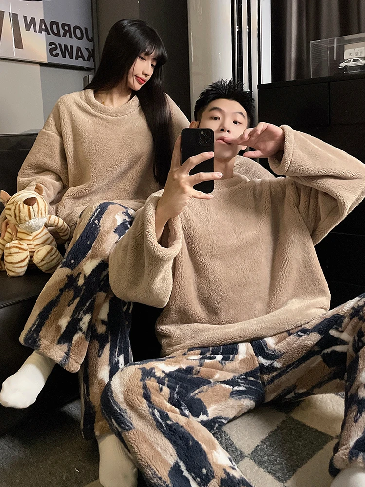 

DAIMELU long sleeved sleepwear winter coral fleece thickened pajamas men's plus size simple male youth loungewear set nightwear