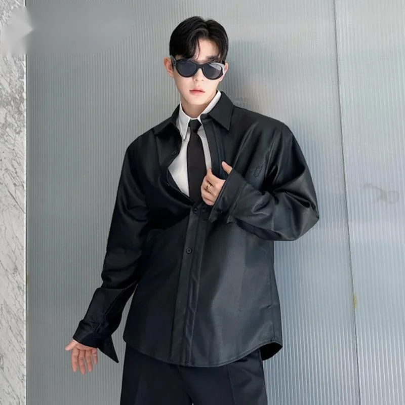 Motorcycle PU Shirt Men's Wear Solid Color Niche Design Loose Suit Collar Imitation Leather Shirts Male Streetwear NMG78