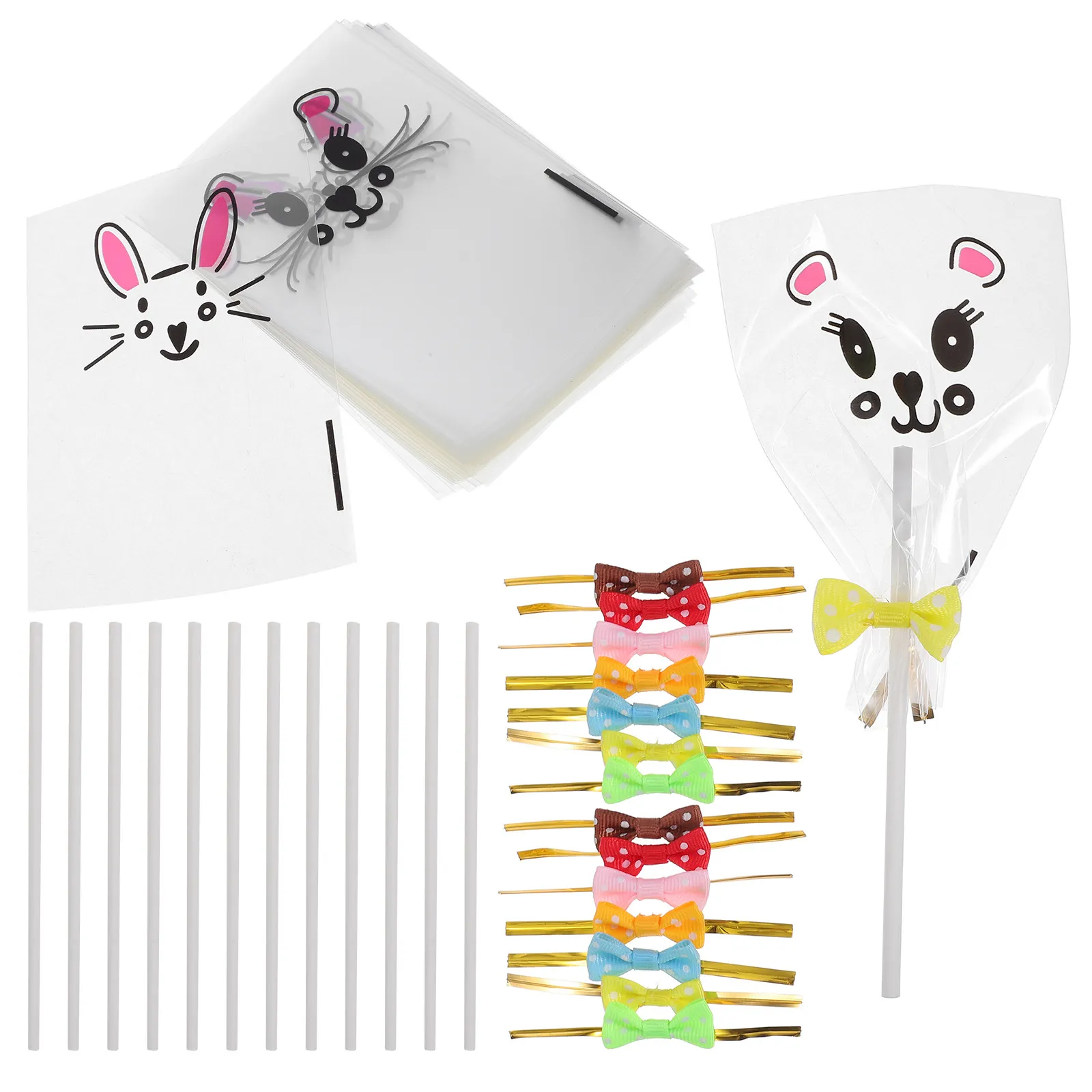 1Set Cat Expression Candy Making Kit DIY Candy Sticks Clear Treat Bags Twist Ties Cake Pop Sticks Cake Pop Wrappers Present