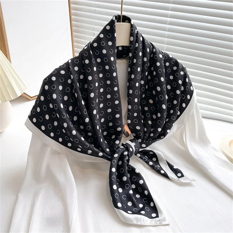 Luxury Korean Fashion Polka Dot Print Silk Scarf 90cm Twill Scarves Letter Circle Large Square Scarf New Shawl Headscarf