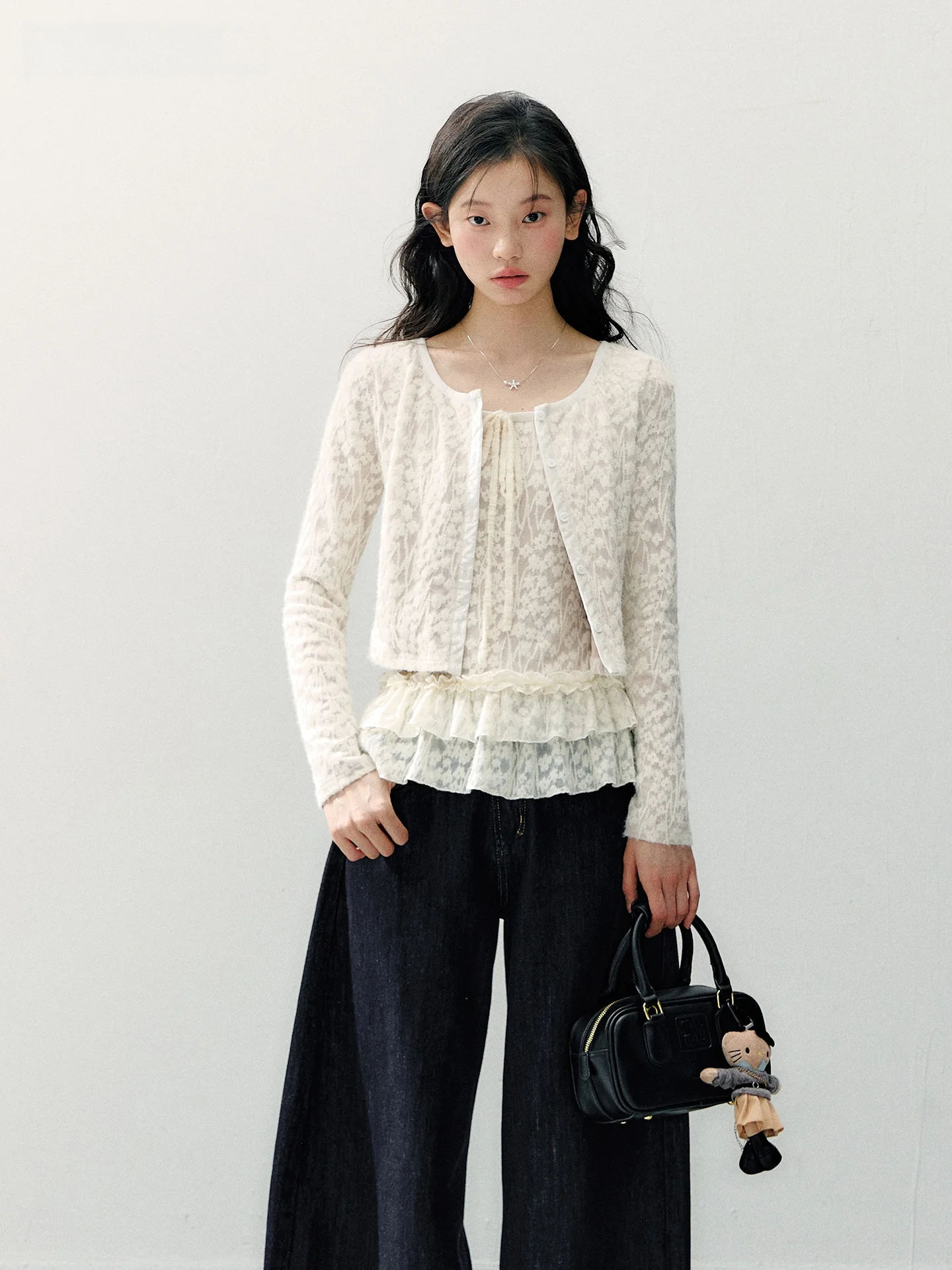 

Annatto Spring Thin Lace Long Sleeve Blouse with Hem Trim Fake Two-Piece Set Casual Style for Teen Girls in Spring Season