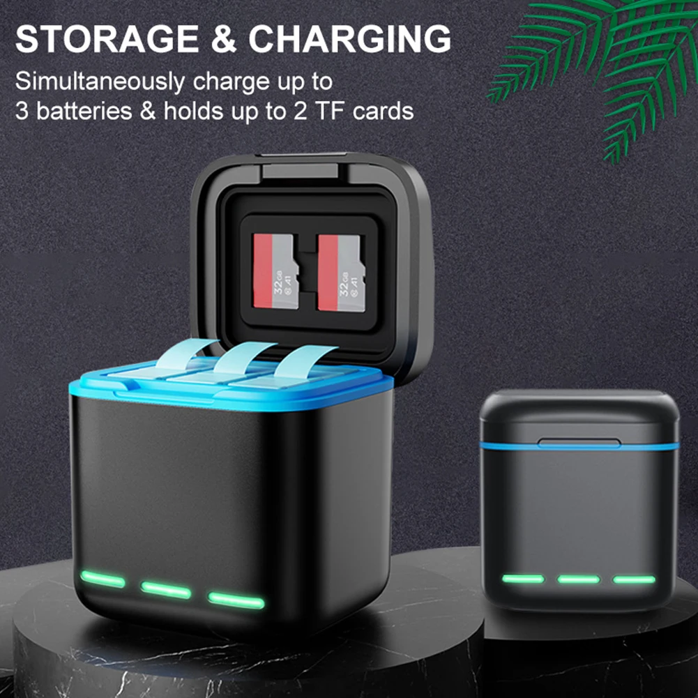 3-Channel Battery Charger with Type C Cable Battery Charger Station 2 SD Slot Storage Charging Box for GoPro Go Pro Hero 8/7/6/5