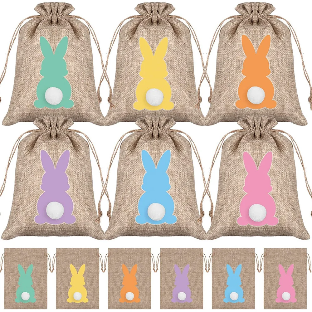 

24pcs Easter Bunny Burlap Candy Bags With Drawstring Rabbit Linen Storage Bags Easter Party Favors Decoration Gift Packaging Bag