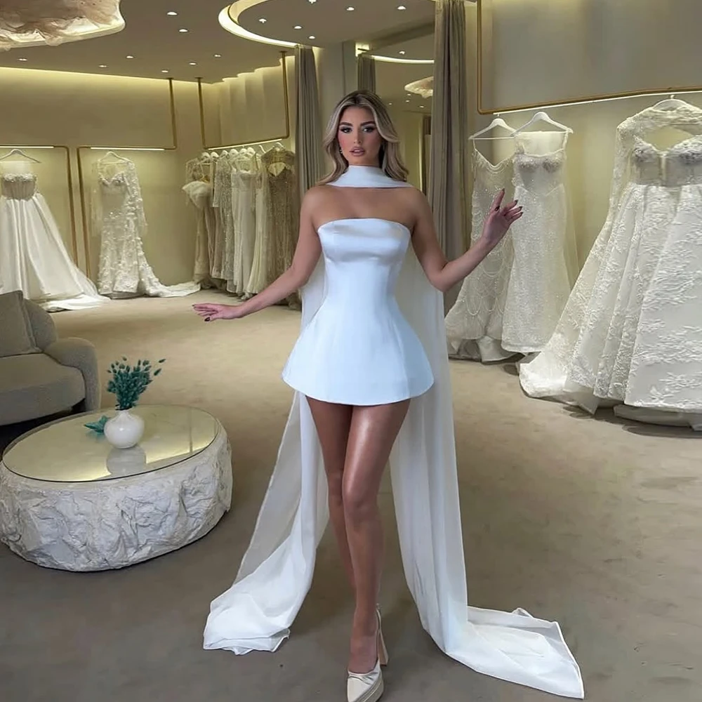 

White Short A Line Wedding Dress With Shawl Mini Satin Strapless Bridal Dresses Party Women 2026 Vestido De Noival Customized