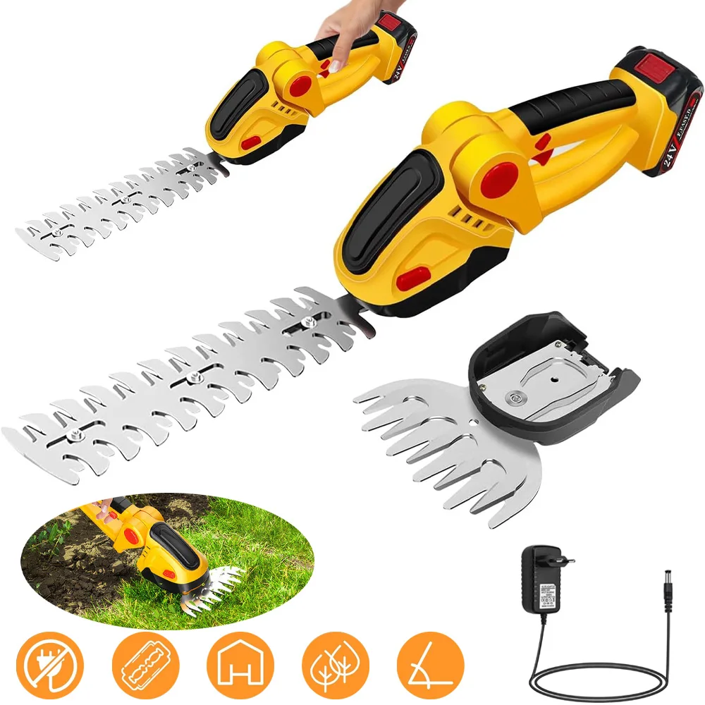 Taille-haie électrique 2 en 1 avec batterie et chargeur, batterie 1500 mAh, outils de jardin, cisailles d'élagage, cisailles à gazon