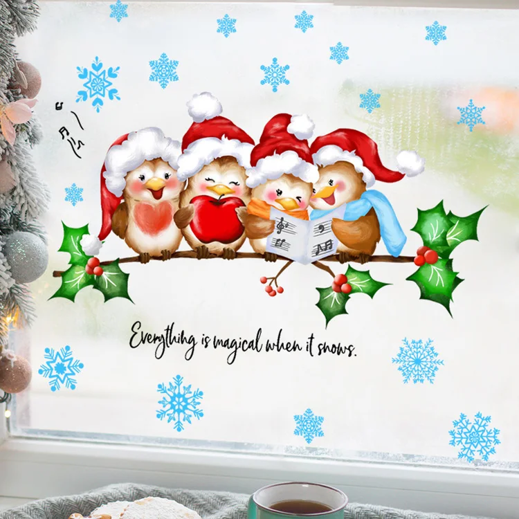 Weihnachtszweig, süßer Vogel, Wandaufkleber, Glasfenster, Dekor für Kinderzimmer, Schlafzimmer, Heimdekoration, Aufkleber, Neujahr, Cartoon-Wandbild – Detail 2