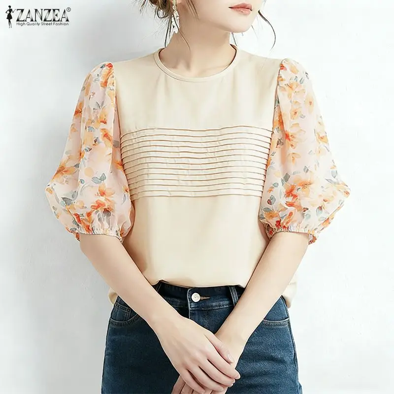 

2026 ZANZEA Summer Elegant Office Work Shirt Stylish Women Floral Patchwork Blouse Casual O Neck Half Sleeve Holiday Tops Mujer