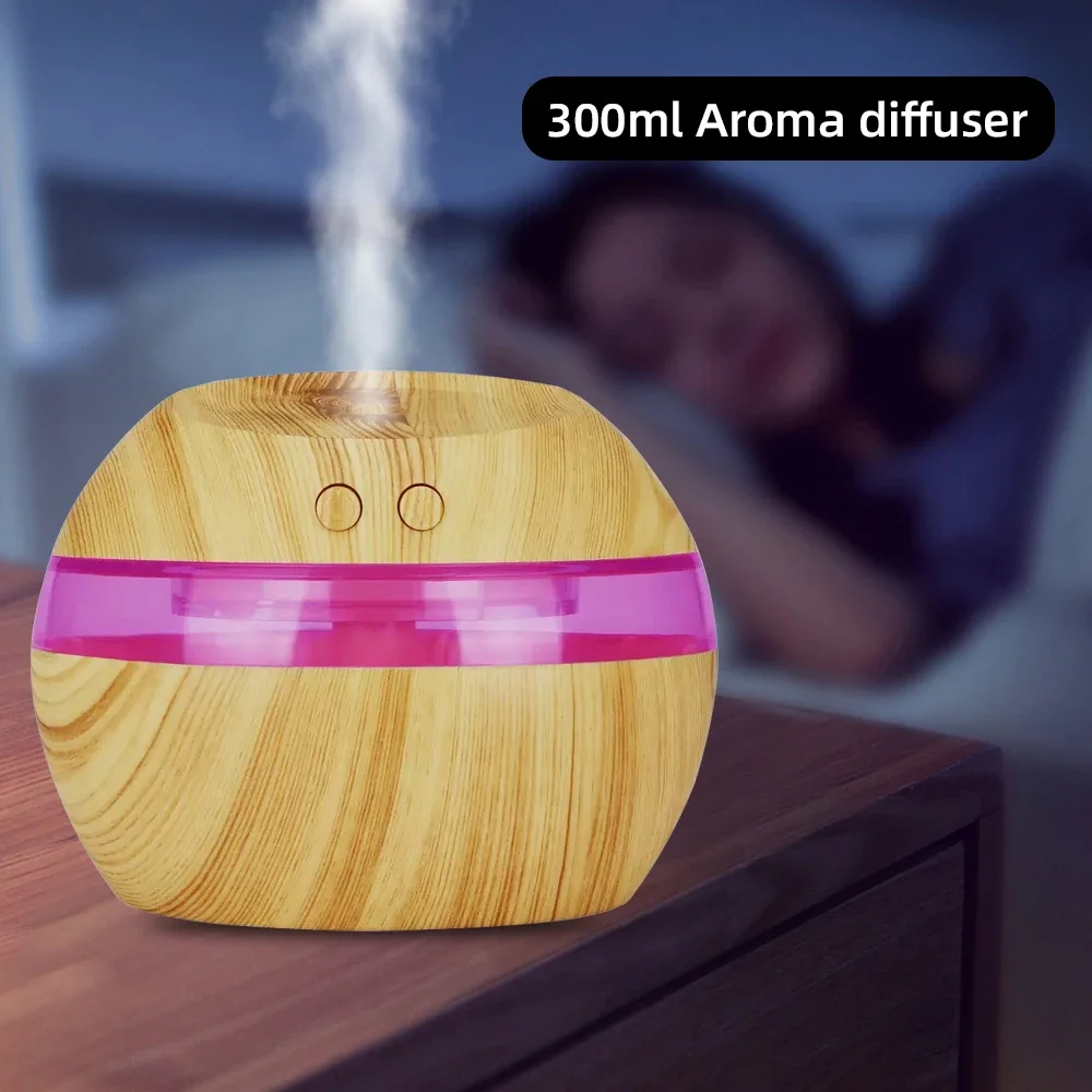 مرطب حبوب الخشب USB سعة 300 مل مع زيتين أساسيين، 7 مصابيح LED ملونة، هادئ للغاية، إيقاف تلقائي