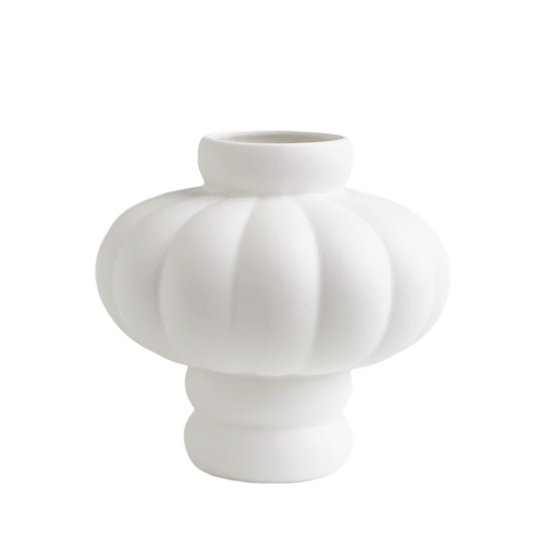Nordic lantern shaped ceramic vase, white cream style decorative ornament, living room, dining room, office desk vase decoration
