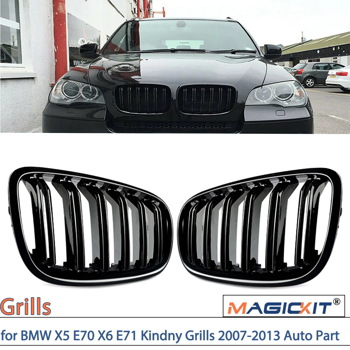 MagicKit 2x For BMW E70 E71 X5 X6 2007-2013 Front Kidney Grills Dual Line Grille Gloss Black Tuning Gloss Black+Double Line