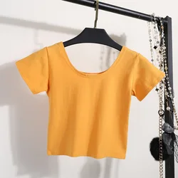 Solid Crop Top Women T-shirt Cropped Slim High Waist Short Sleeve Basic Summer Clothes Tops Woman Tee