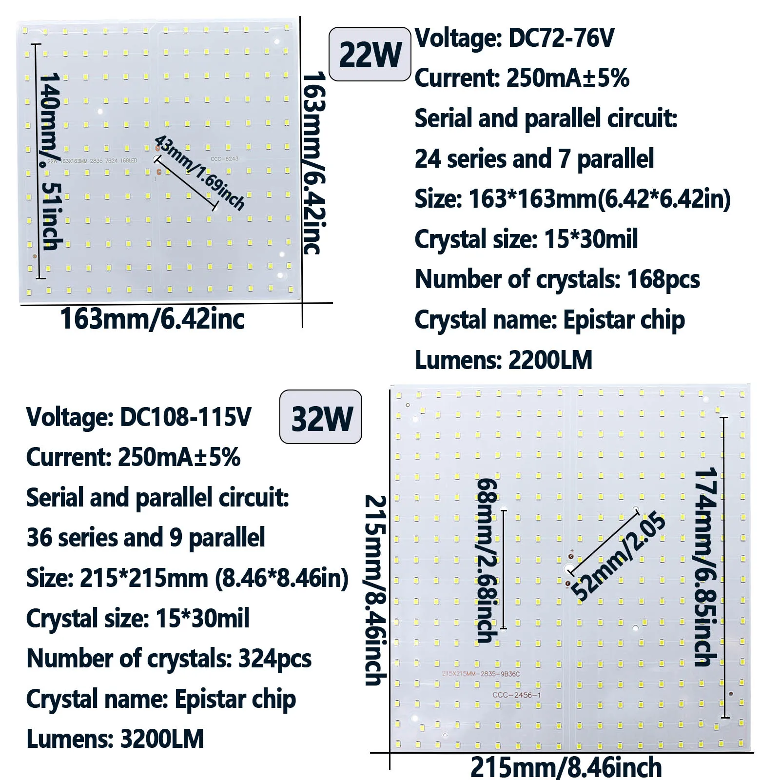 LED DC30-32V DC48-51V DC72-76 DC108-115V Luce di pannello 250mA Lampada a LED Perlina Diodo Bianco freddo LED Quadrato Soffitto Scheda lampada