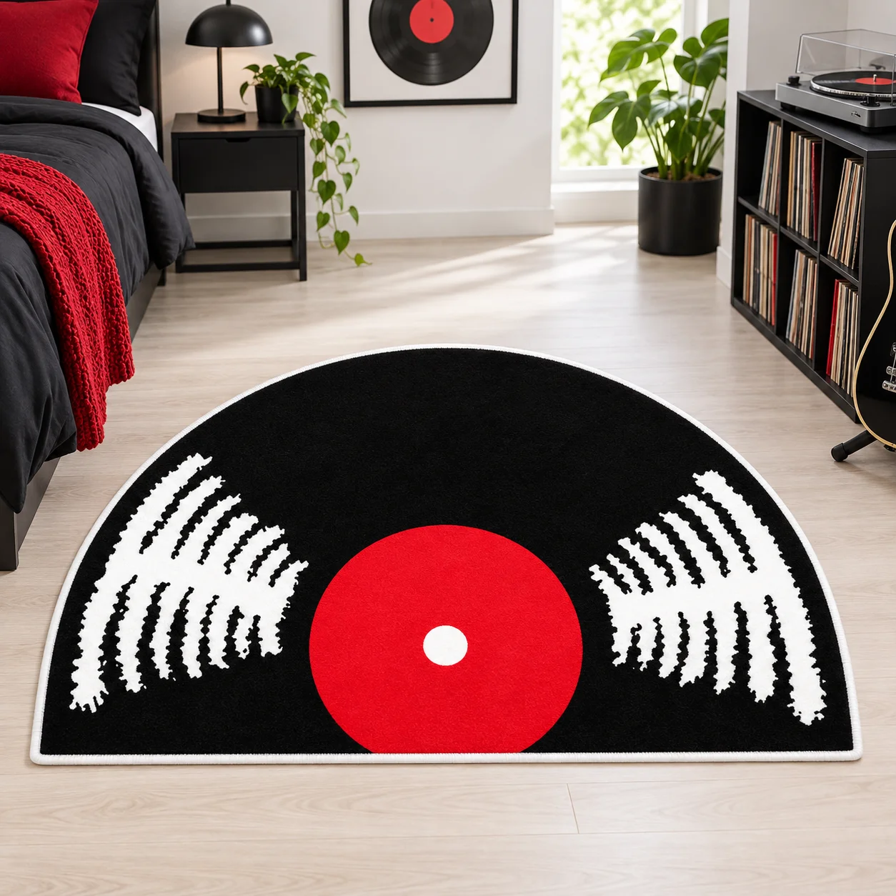 Black Vinyl Record Shaped Area Rug, Retro Music Floor Mat for Bedroom Living Room Studio, Cool Music Lover Dark Art Home Decor