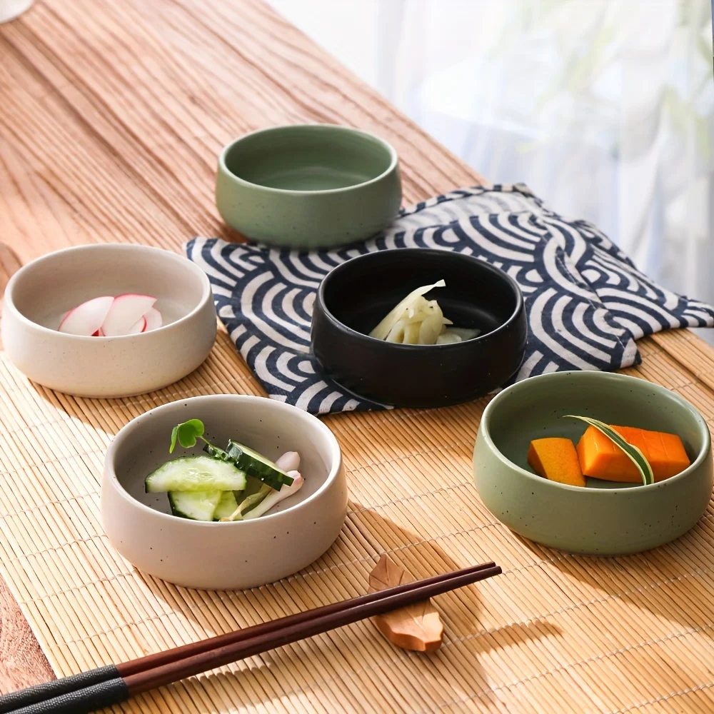 

Korean Ceramic Dipping Dish Set for Hotpot BBQ Sauce with Sesame Dot Design Small Condiment Bowls