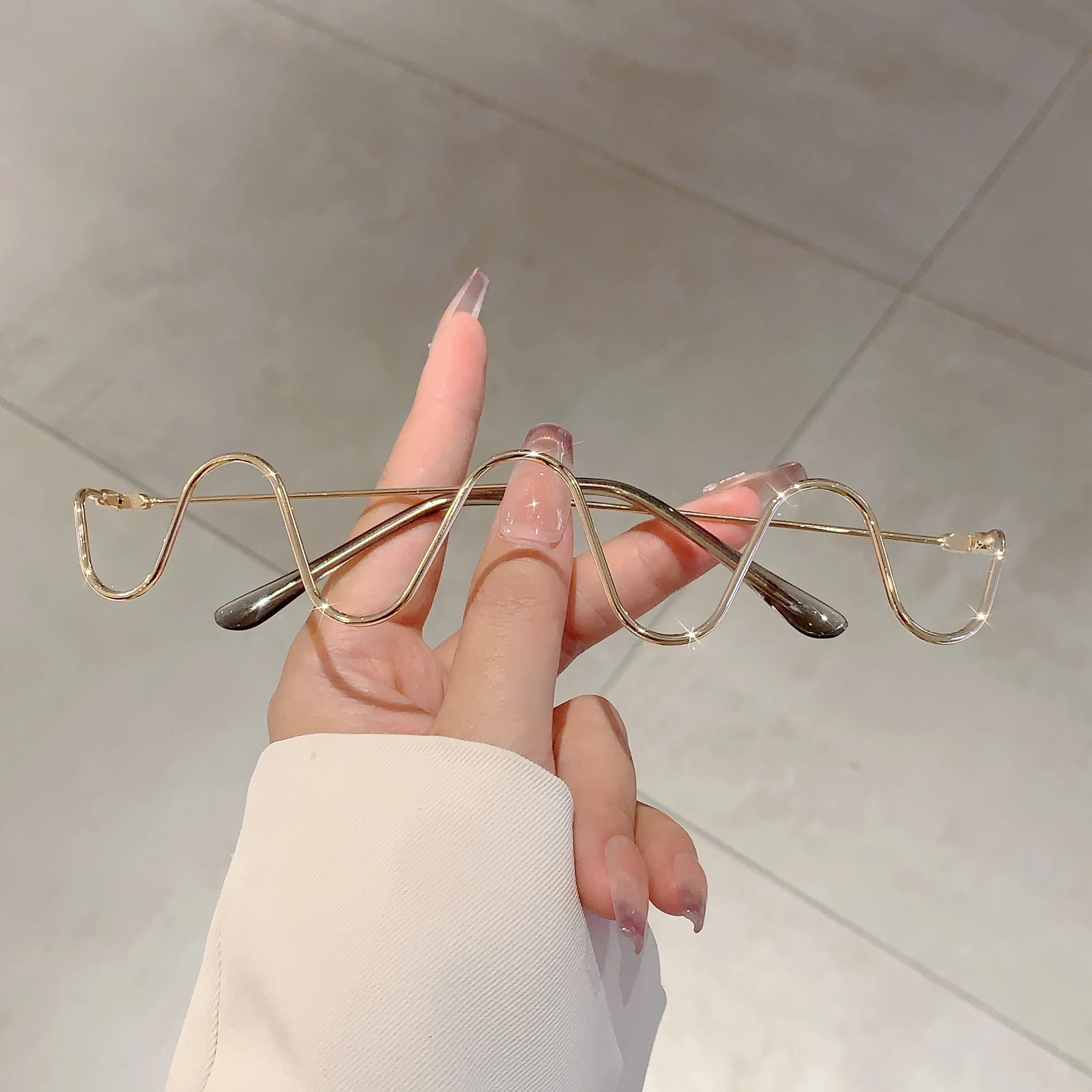 KAMMPT Wave Shape Glasses Frames Women Stylish Semi Rim Metal Eyeglasses without Lenses Ins Trendy Rhinestones Decorated Eyewear