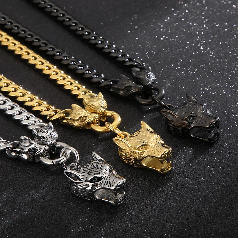 

Chuangcheng Fashion Punk Men's Personalized Stainless Steel Wolf Head Necklace Bracelet Ring Buckle