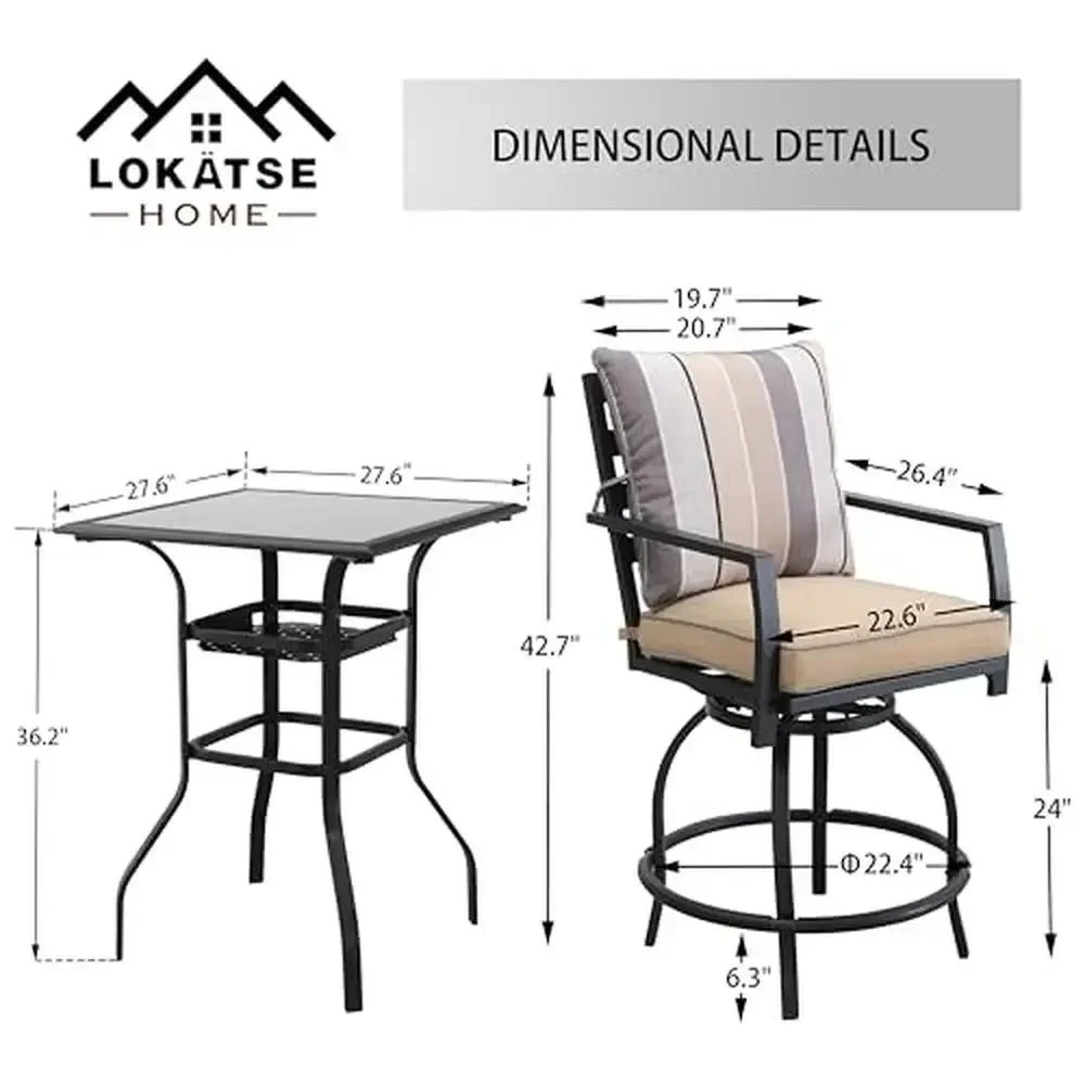 Outdoor Swivel Bar Height Chairs and High Glass Top Table 3 Piece Bistro Set Rotation Design Beige Durable Steel Frame Tempered