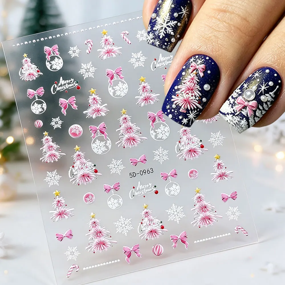 5D reliëf gouden kasteel/slinger/kerstboom nagelstickers witte sneeuwvlokken boog ster nagelstickers zelfklevende kerst nageldecoratie