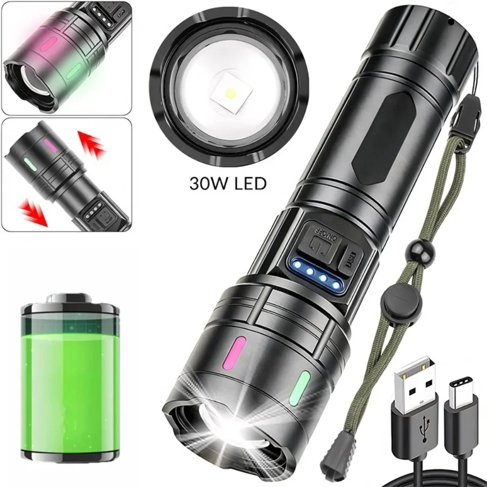 Super Powerful White LED Flashlight Telescopic Zoom Waterproof Torch with Fluorescent Strip for Outdoor Camping Daily Use