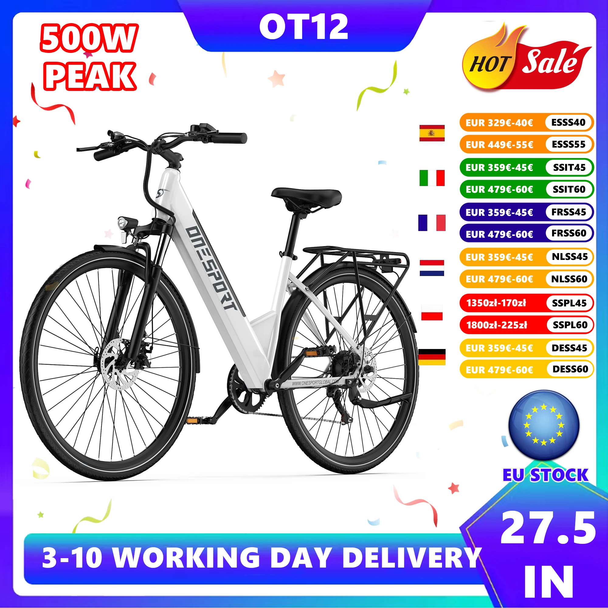 Onesport OT12 27.5 "Vélo électrique pour adultes Peak 500W E-Bike 36V 13AH Vélo électrique de ville Phares et feux arrière