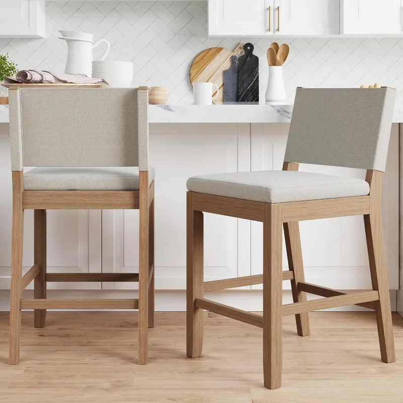 Modern Upholstered Counter Height Bar Stool with Back and Solid Rubberwood Legs