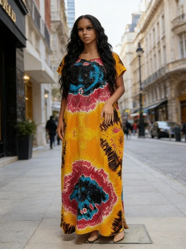

2025 Eid Muslim Long Dress Women Bat Sleeve Caftan Abaya Satin Robe Diamond Party Abayas Ramadan V Neck Kaftan Caftan Jalabiya
