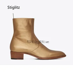 Gold Genuine Leather Men's Boots Chunky Heeled Chelsea Ankle Boots Zipper Pointed Toe Leather Patchwork Party Wedding Male Shoes