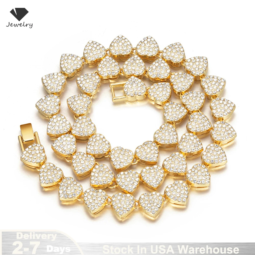 

New Hip Hop Tennis Chain Bracelet Necklace for Women Full Iced Out Shiny Heart Rhinestone CZ Fashion Rock Party Jewelry from US