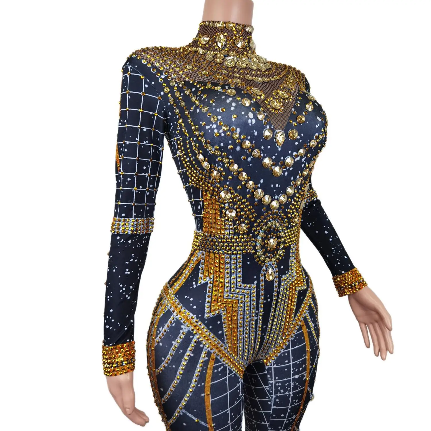 

Women Elegant Tight Fitting Spandex Jumpsuit Club Bar Stage Singer DJ Costume Night Party Pole Dance Sparkly Rhinestone Jumpsuit