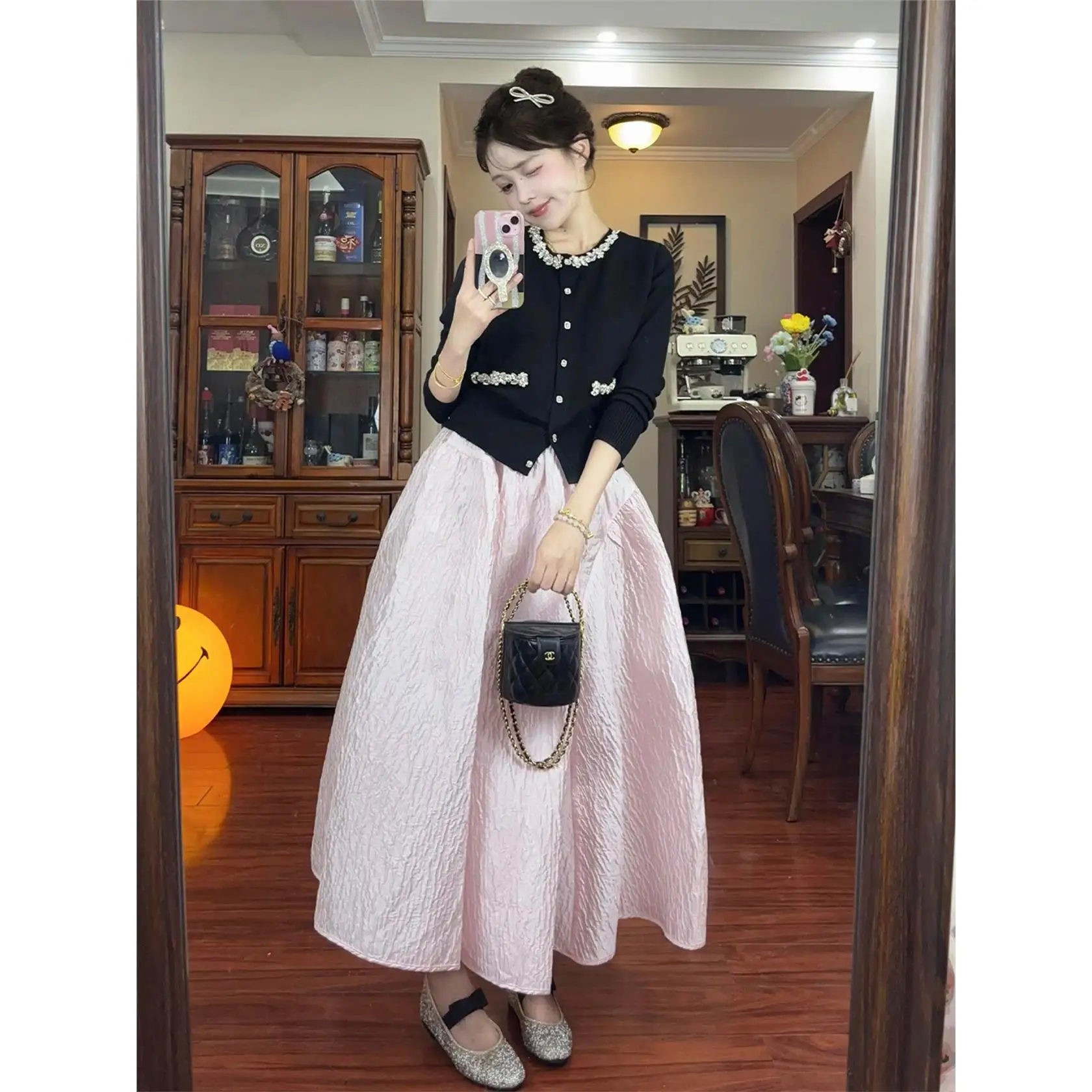 

Осенний модный уникальный женский вязаный кардиган с пайетками и юбка с завышенной талией, комплект с блестящими длинными рукавами и круглым вырезом