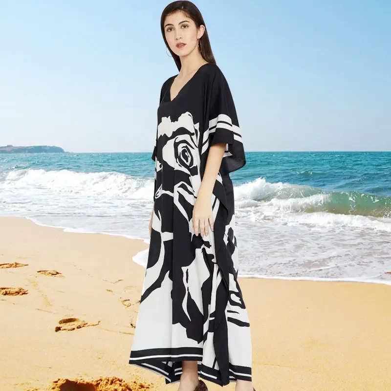 Kaftan Beach Dress Summer Long Bikini Cover Up Women Print Saida De Praia  Beachwear Pareos De Playa Mujer