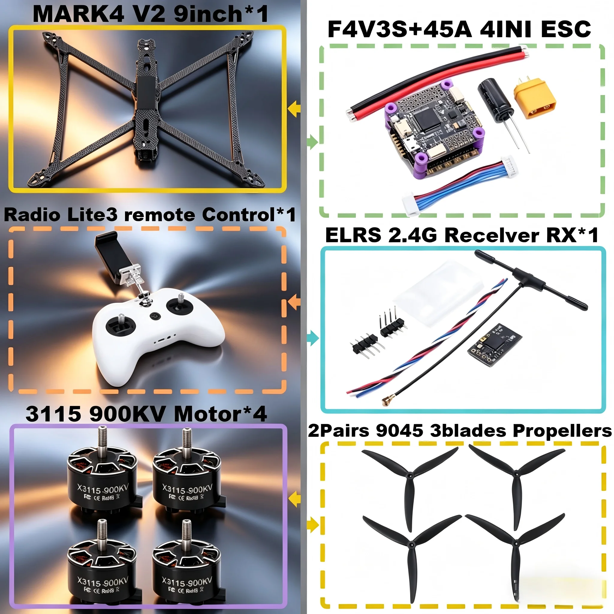 

MARK4V2 9-дюймовый полетный контроллер F4V3S/F4V3S PLUS, регулятор скорости 45/60A 4INI ESC, карбоновый квадрокоптер HotRC для гонок и фристайла