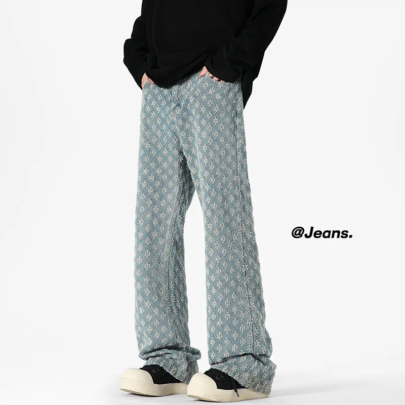 

Blue Stretchy Pearls Skinny Jeans For Men New Fashion broken hole Street Personality Stacked Denim Pants
