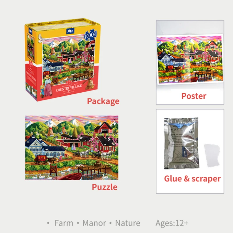 72*50cm Adult 1000 Pieces Jigsaw Puzzle Country Village Beautiful Landscape Paintings Stress Reducing Toys Christmas Gifts