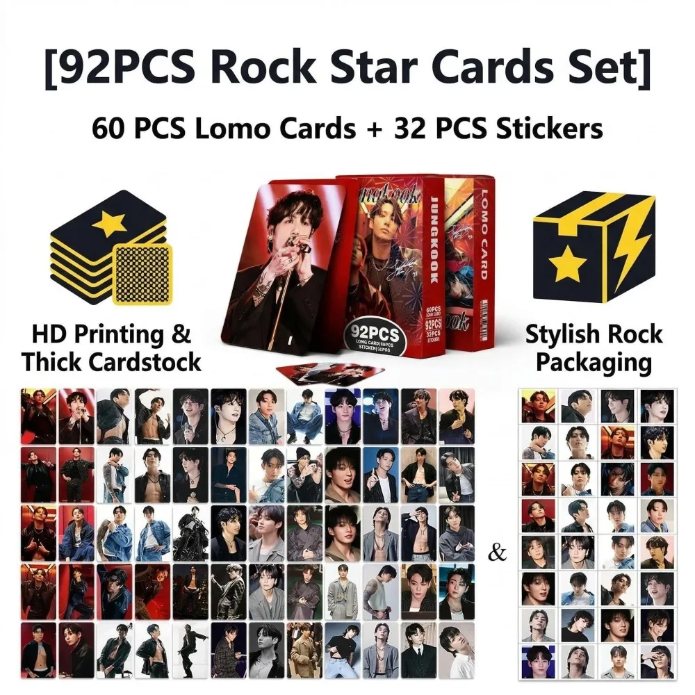 Kpop J-K Idol 60+32PCS Jung-Kook Merch Lomo Card, Fototarjetas de Alta Calidad, Pegatinas, Tarjetas LOMO, Regalos de Cumpleaños, Colección para Fans de Jung