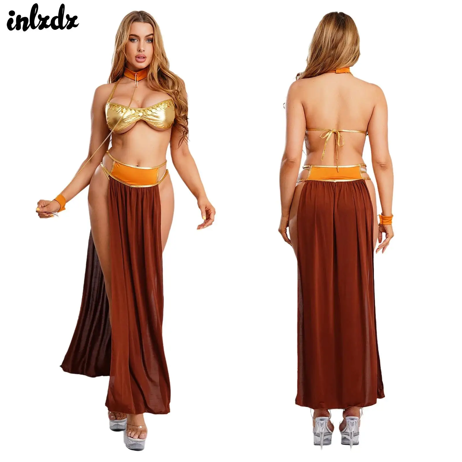 

Женский костюм арабской принцессы для танца живота, макси-юбка с разрезом по бокам, металлический бюстгальтер и стринги с Т-образной спинкой, цепочка, колье-браслеты